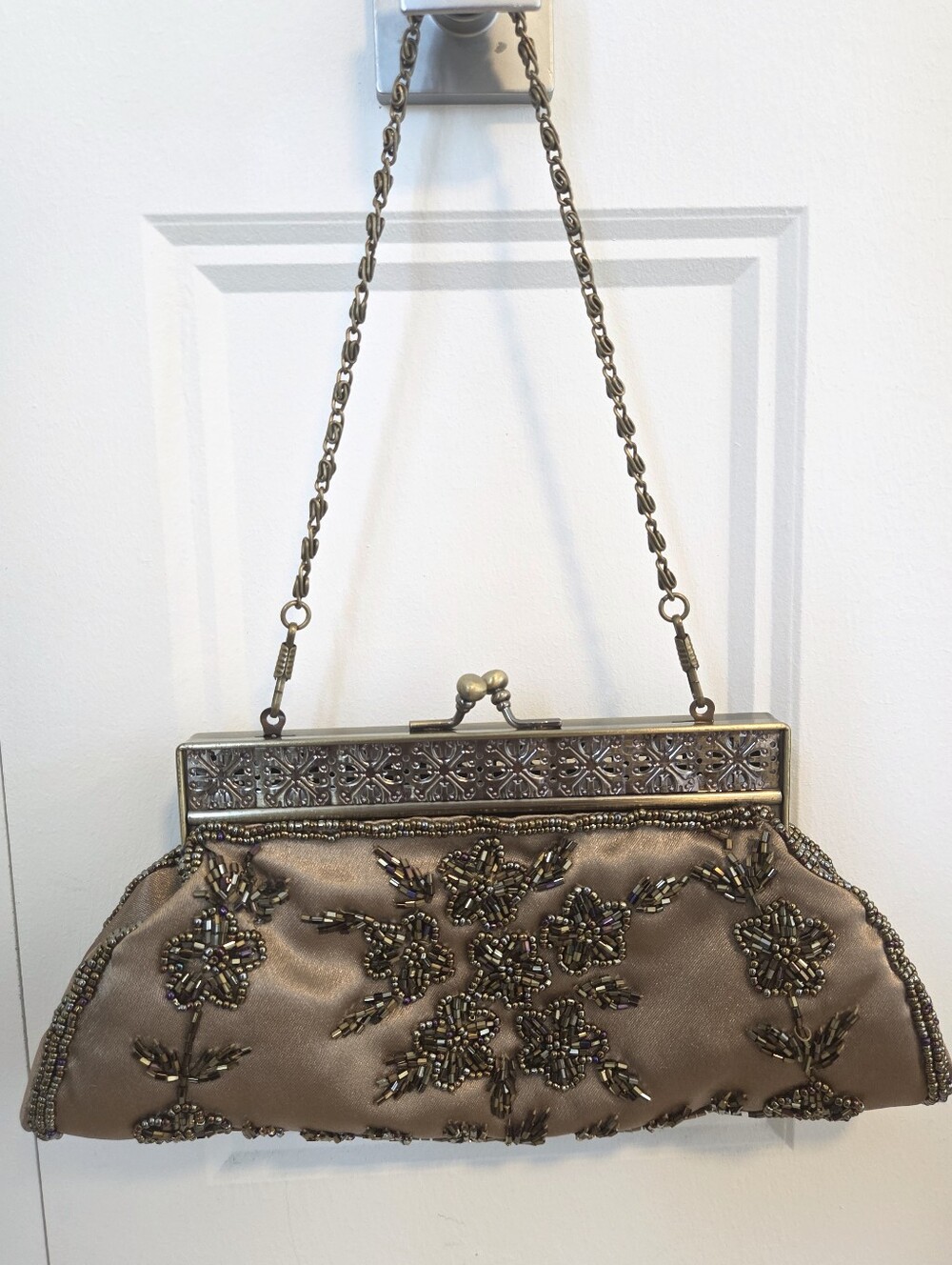 Vintage Olive Green Satin Beaded Clutch